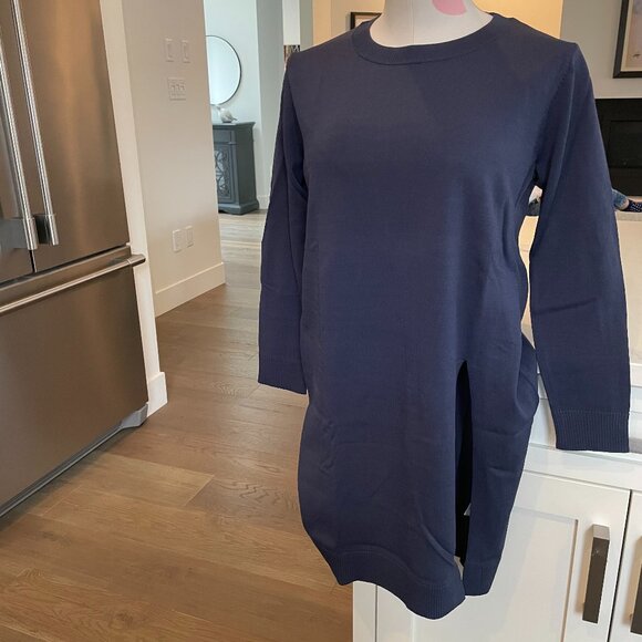Sans & Sans from Singapore 3/4 Slv Crew Neck Knit Tunic Front Slit Blue Sz S/M - Picture 2 of 14